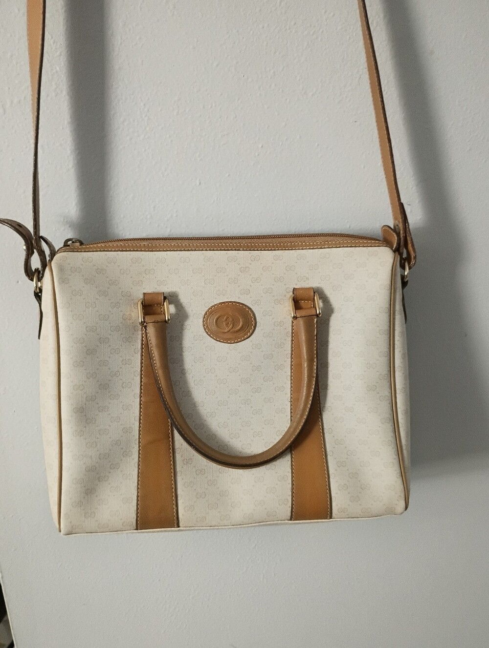 ❤️3 PC GUCCI GG Crossbody Strap White/Tan GG Logo Drs Bag Speedy Purse +Dustbag
